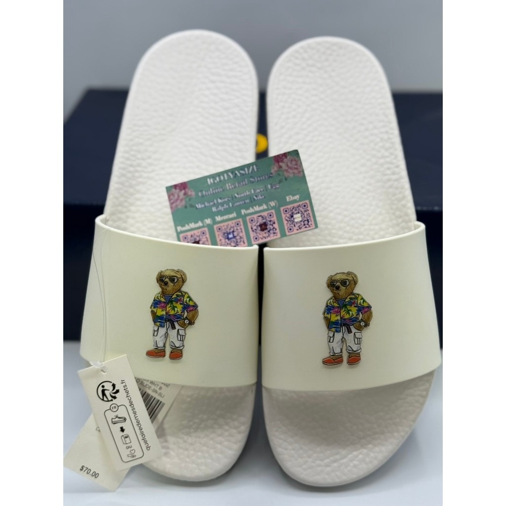 Polo Ralph Lauren Cayson Polo‎ Bear Slides Men's White Resort Tropical 13M  NWOB